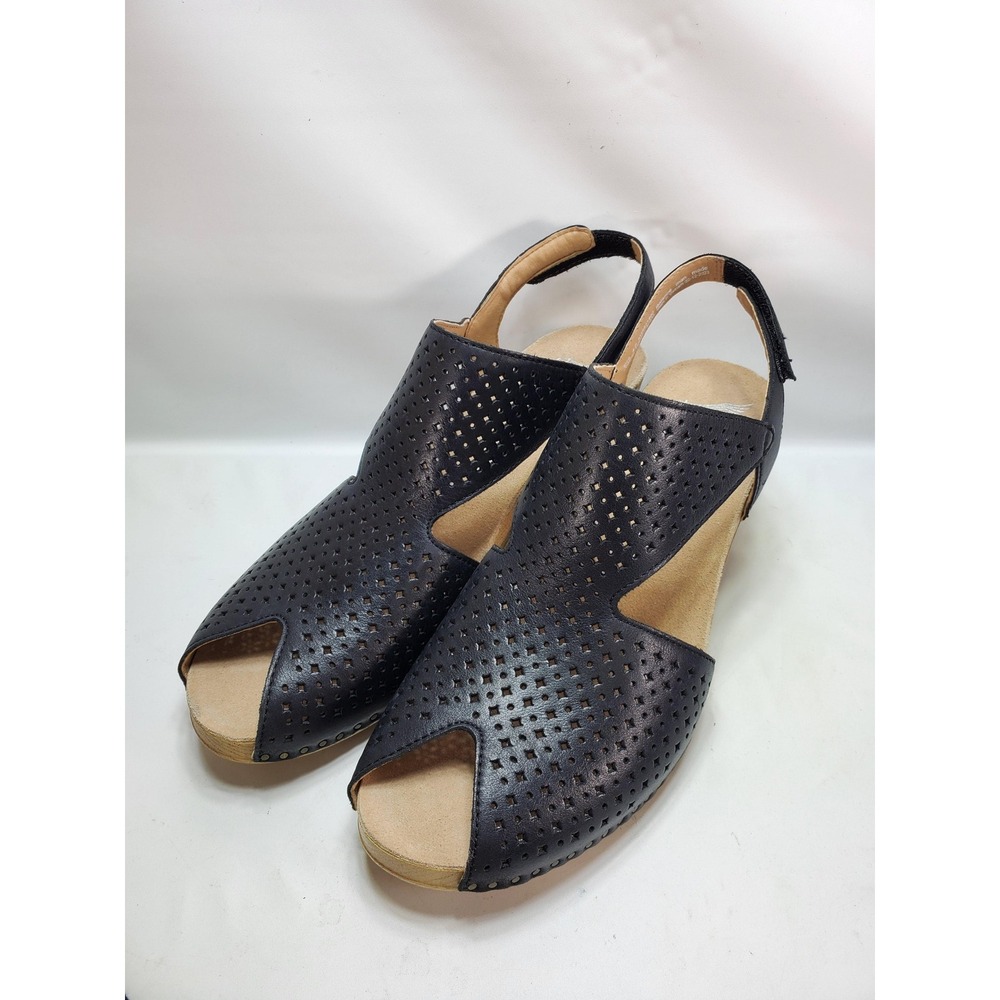 Dansko Teagan Sandals Sz 42 (11.5-12) Black‎ Perforated Leather Block Heel Peep